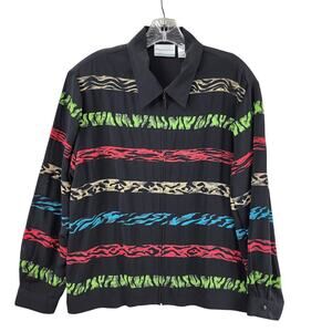 Alfred Dunner Zip-Up Jacket Black Multicolor Animal Stripe Print Polyester 16P